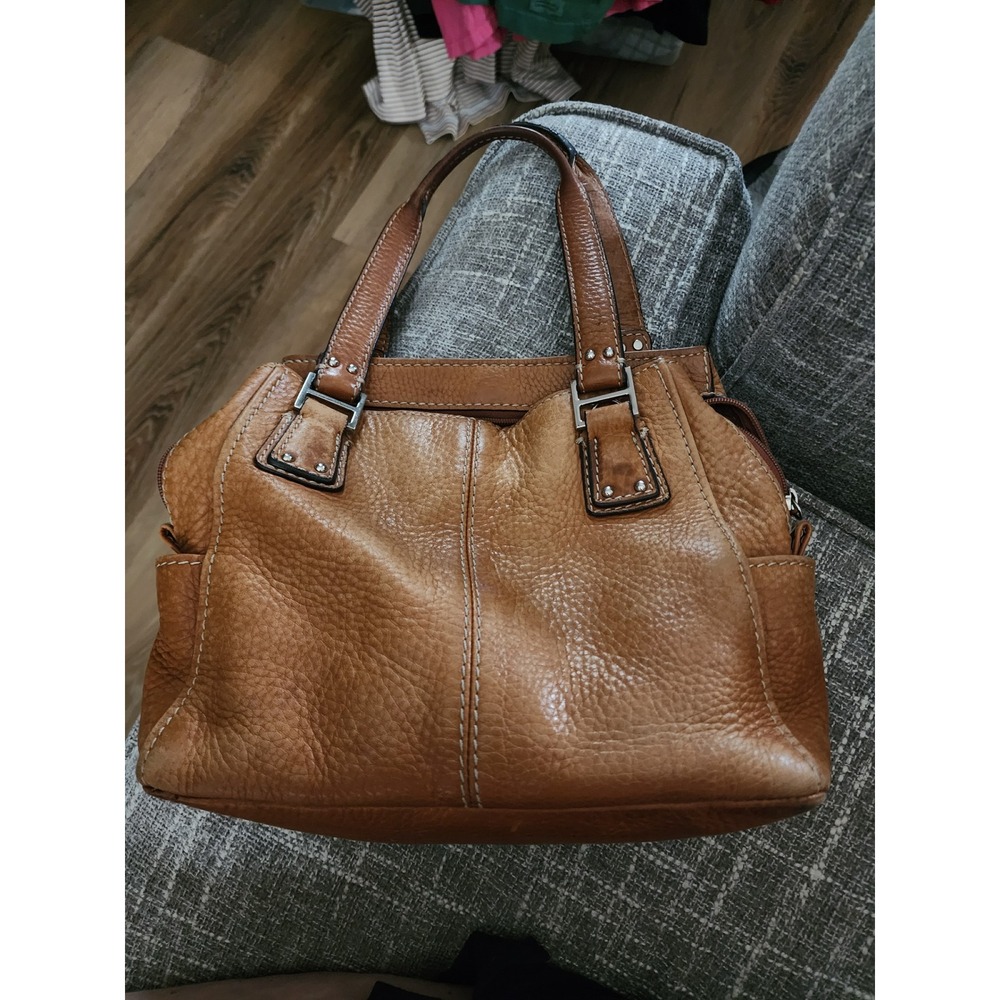 Fossil 75082 Cognac Brown Pebbled Leather Satchel Handbag Top Handle Bag